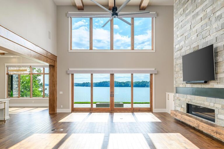 living room with lake view