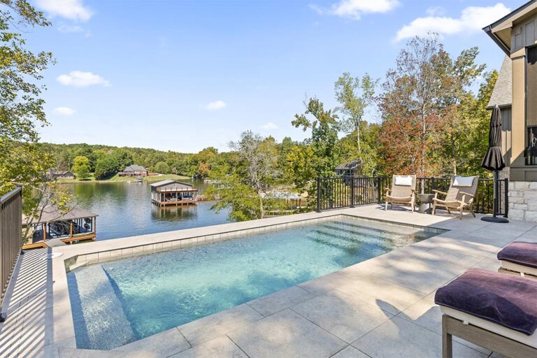 custom home with pool and lake view